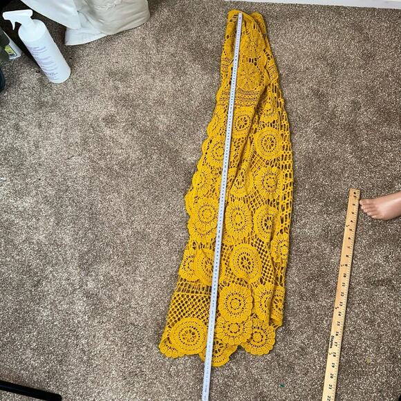 Anna-Kaci Mustard Yellow crochet cardigan swimsuit coverup high low floral SZ SM - Picture 6 of 9